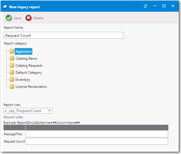 New Legacy Report Dialog Box